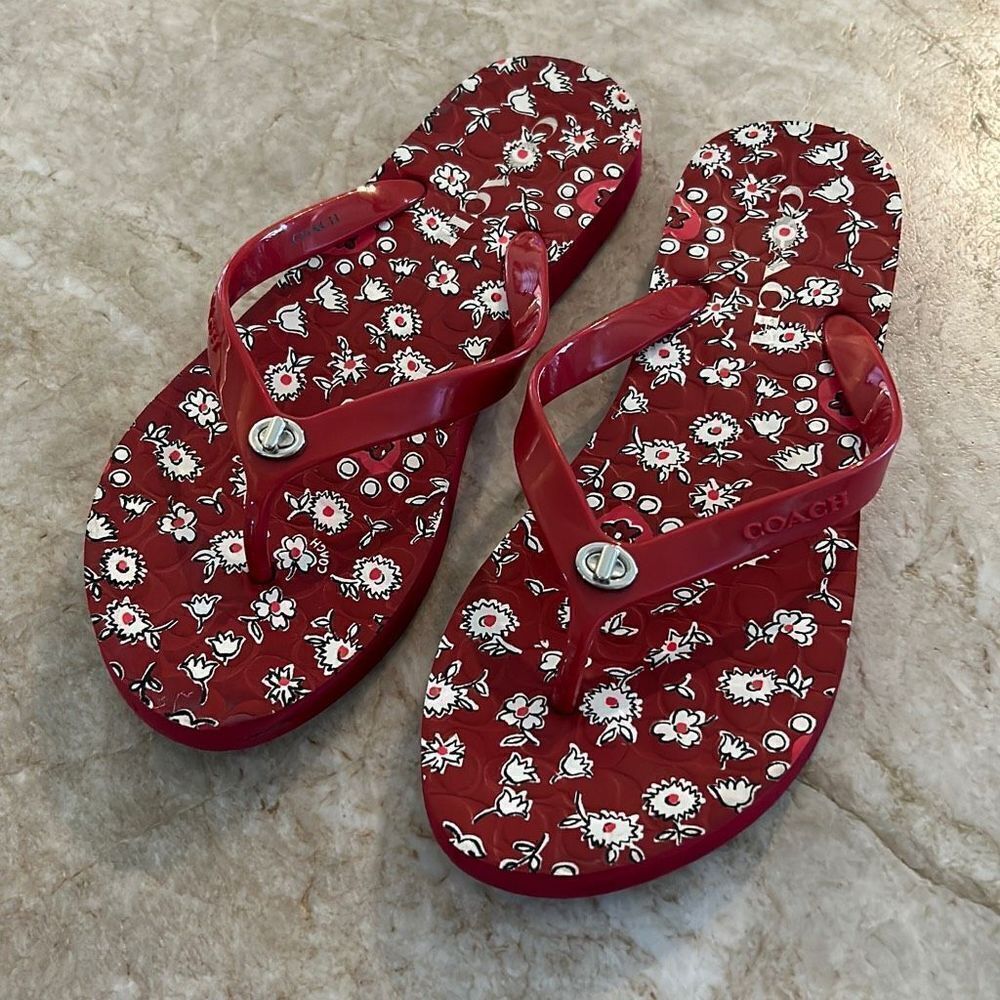 COACH Floral Red Flip Flops Size 8